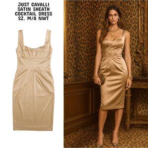 JUST CAVALLI CHAMPAGNE SATIN SHEATH COCKTAIL PARTY DRESS M/8 NWT